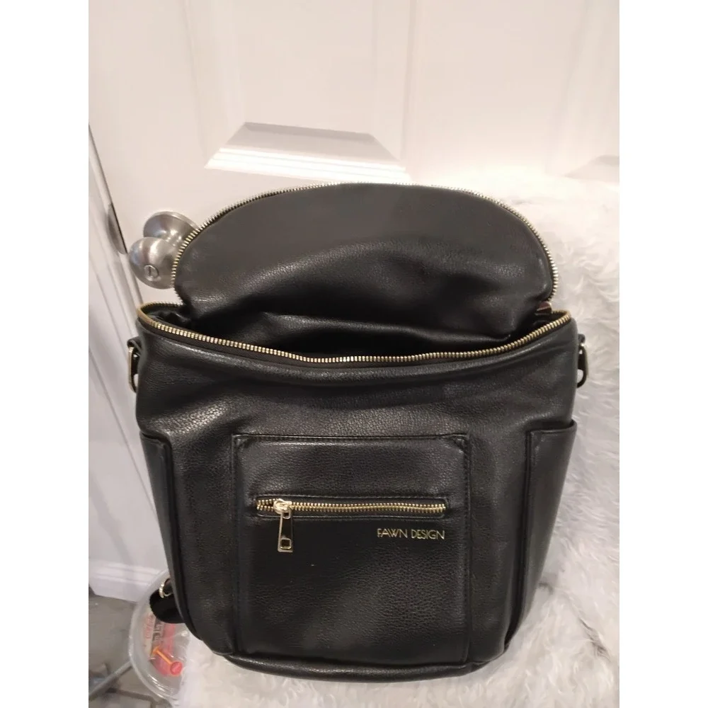 Fawn Design Diaper‎ Bag Backpack Black Faux Leather Gold Hardware Convertible